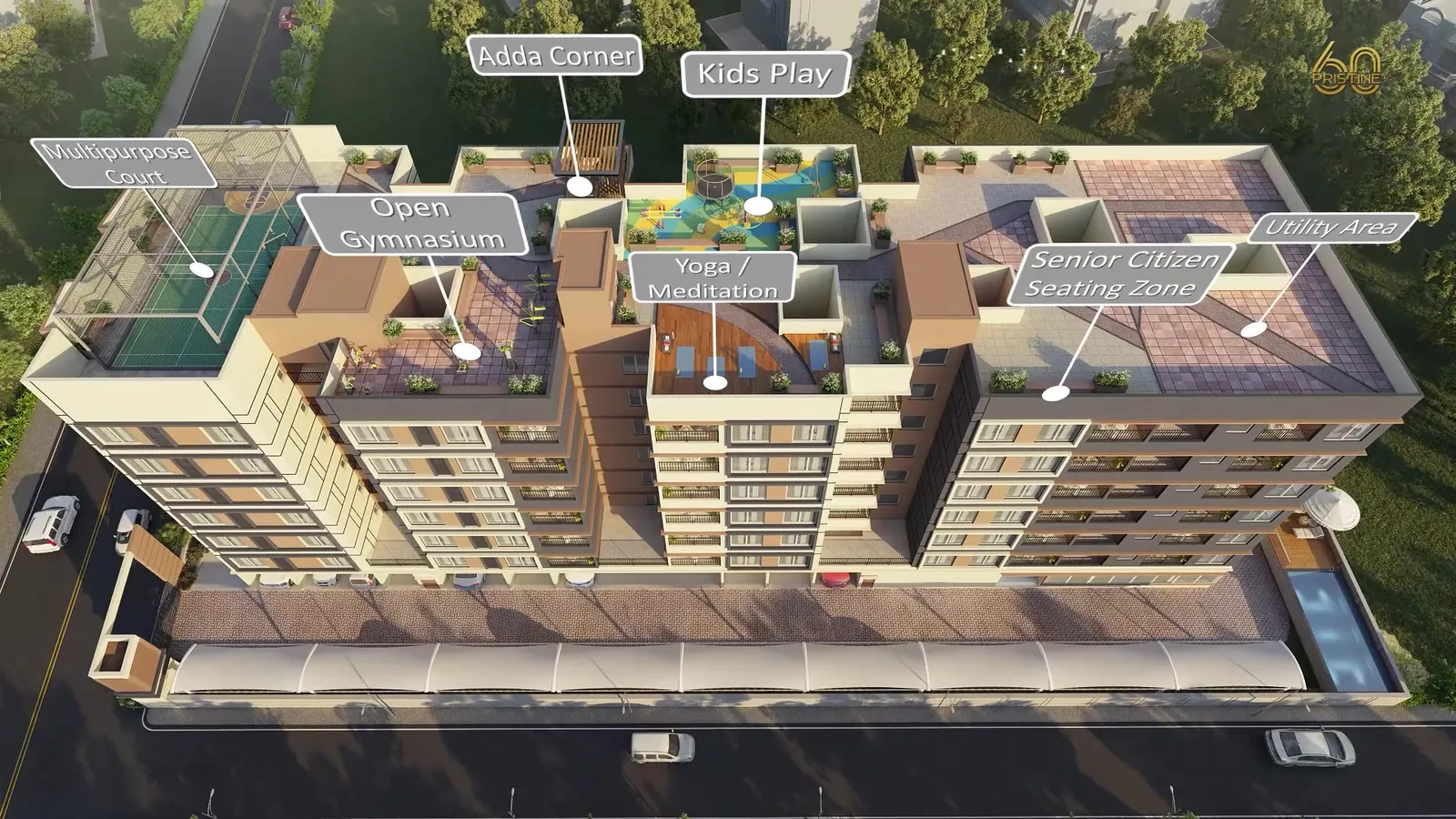 Pristine 60 rooftop amenities, labelled