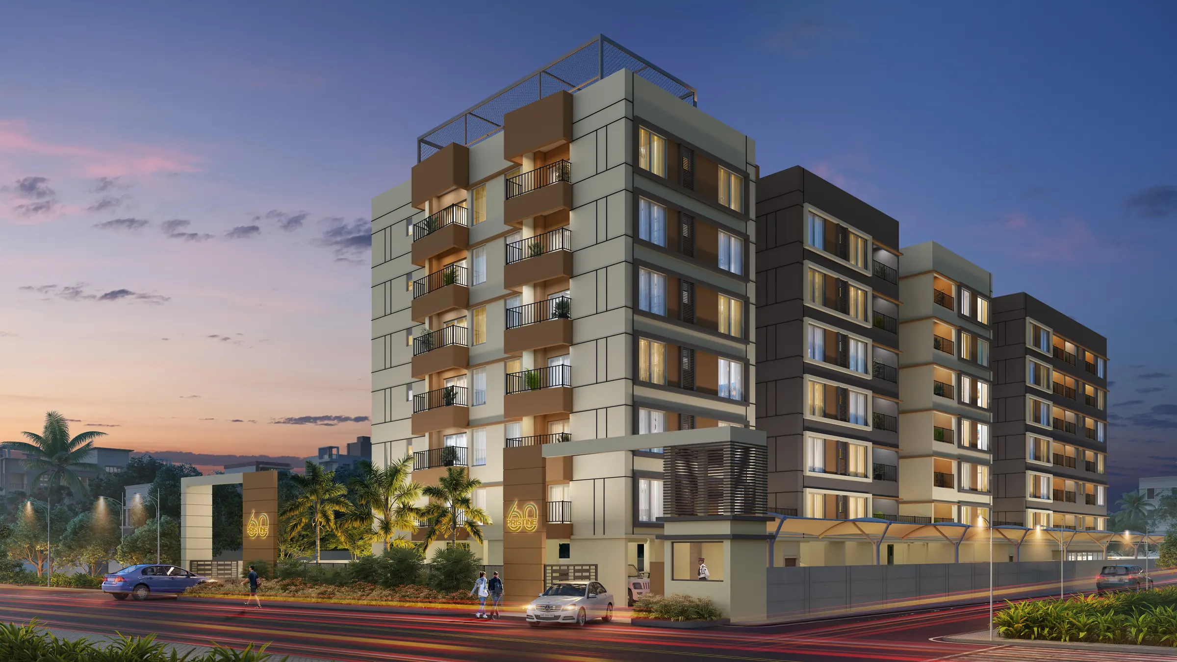 Pristine 60 apartment building at dusk, artist's impression