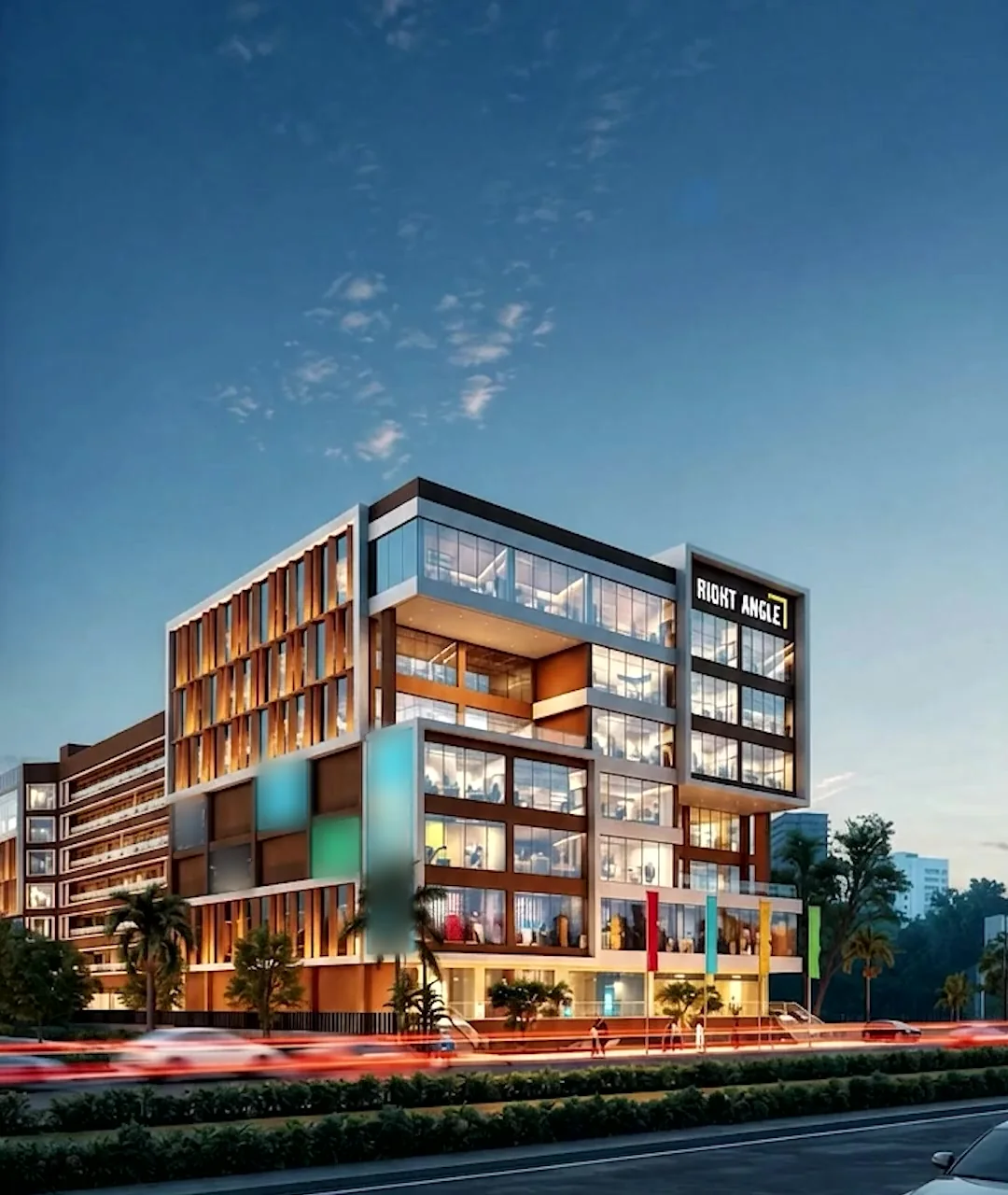 Right Angle commercial building at dusk, artist's impression